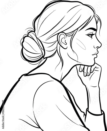 A black and white line drawing of a woman with her hand on her chin looking to the right