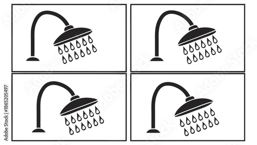 A repeating pattern of shower heads is presented in a minimalist black and white design silhouette