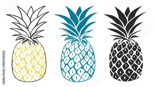 Three stylized pineapples in varying color schemes showcasing a modern and tropical aesthetic silhouette high quality