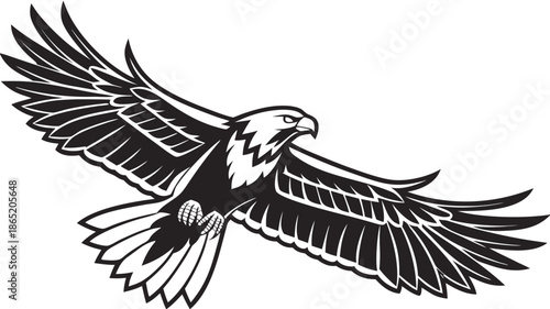 A striking image of a majestic bald eagle in flight showcasing its powerful wingspan silhouette