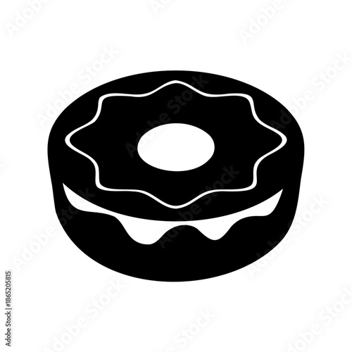 Delicious donut silhouette with dripping icing in black and white, dessert
