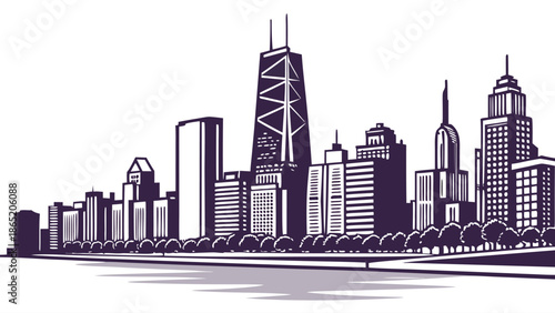 A striking cityscape illustration showcases a prominent skyline with multiple buildings and a distinctive silhouette