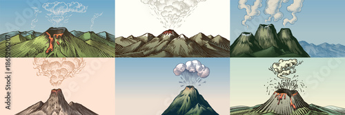 Moody volcano eruption landscape scenes. Volcanic activity and explosion, lava coming out of mountain. Natural disaster concept. hand drawn engraving illustration pen and ink line art.