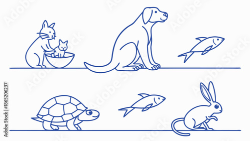 a minimalist illustration featuring a cat dog fish rabbit and turtle in a line art silhouette