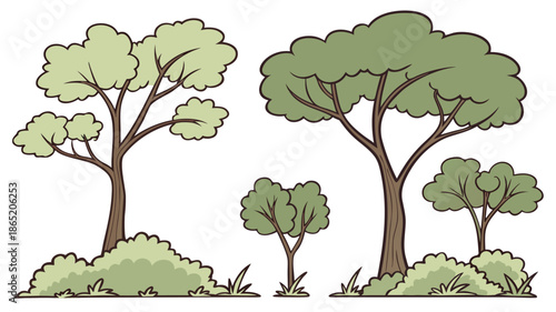 a charming illustration of various lush green trees and bushy shrubbery with a dark silhouette