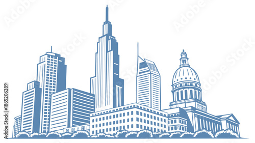 A striking cityscape illustration showcases a collection of tall buildings in a minimalist style silhouette