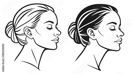 Elegant black and white illustrations depict two women s profiles with updo hairstyles a striking silhouette