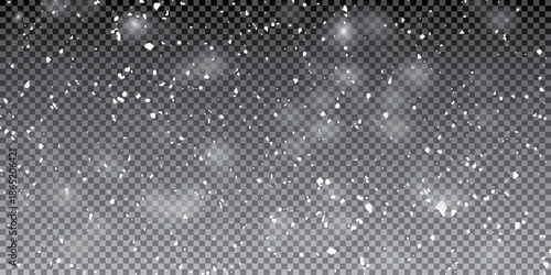 Winter snow overlay with falling snowflakes on dark transparent background - realistic white flake particles floating down for  design, holiday decoration and seasonal effect composition.