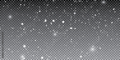 Winter snow overlay with falling snowflakes on dark transparent background - realistic white flake particles floating down for  design, holiday decoration and seasonal effect composition.
