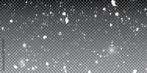 Falling snow dust and snowflake overlay. Transparent white winter background with realistic snowfall for festive design.