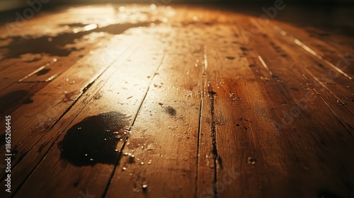 Water saturation marks on wooden floorboards with light reflections