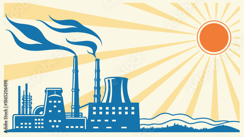 Industrial landscape with factory smokestacks a bright sun and rolling hills all rendered as a silhouette