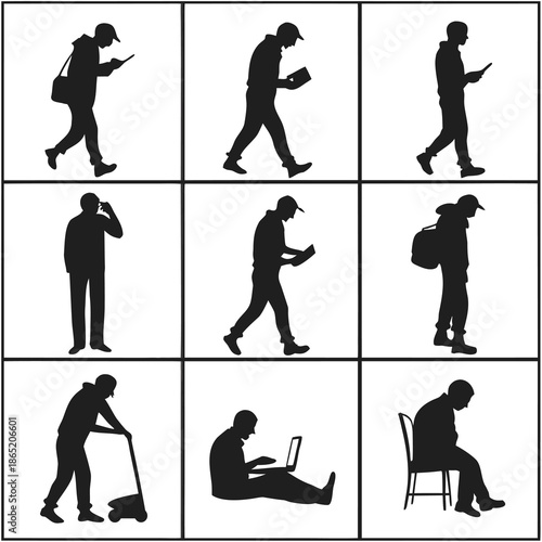 Nine black silhouettes of people engaged in various everyday activities arranged in a grid pattern silhouette