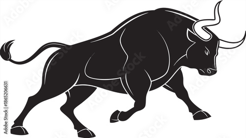 A powerful black bull stands poised and ready showcasing its muscular form in a striking silhouette