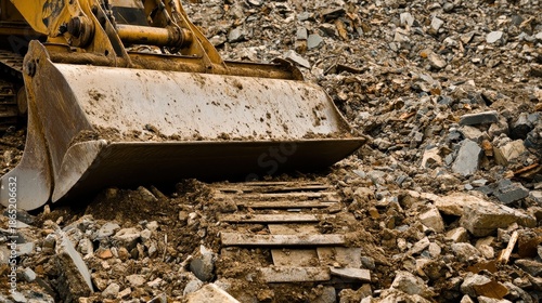 Close up view of a yellow bulldozer blade and tracks clearing large piles of debris and dirt on a construction site