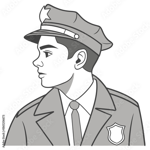A detailed illustration showcases a vintage police officer s head and shoulders in a striking silhouette