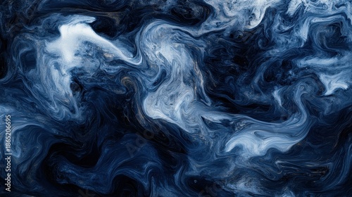 Abstract swirling patterns of thick dark viscous liquid with blue and white colors creating a dynamic fluid motion background