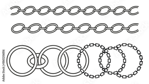 Detailed illustration of interlocking chain links in various formations showcasing a black and white silhouette