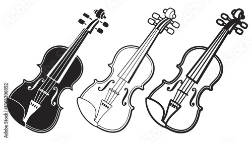 An artistic representation of three violins in varying shades of black and white silhouette high quality