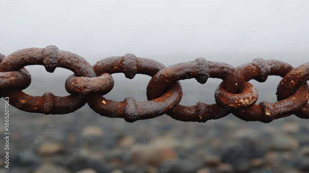 Fototapeta premium Close up of a rusty, disconnected chain link from an anchor, showing weathered metal texture against a misty background