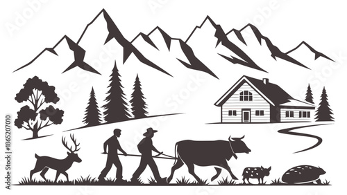 a tranquil landscape depiction featuring a rustic cabin mountains people and animals in silhouette high quality