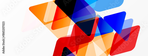 Abstract shapes overlap, creating vibrant color blends. Orange, red, blue tones dominate white background. Modern design element.