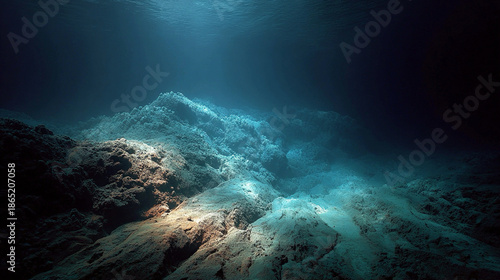 Abyssal plain deep ocean sediment, expansive flat seafloor with fine particulate layers, dark marine environment, minimal light, underwater biodiversity ecosystem, sediment textures and ecological 