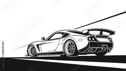 A dynamic illustration of a sports car speeding along a road presented in striking black and white silhouette