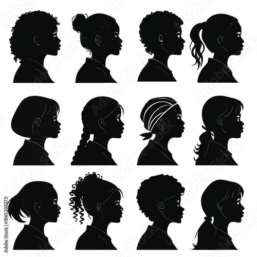 a collection of diverse female profiles in black and white showcasing different hairstyles in silhouette