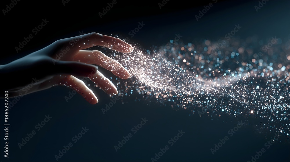 Fototapeta premium Human Hand Touching Digital Light Particles Representing Future Technology and Innovation