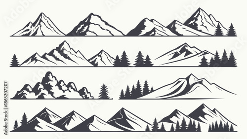 Detailed mountain range illustration showcasing various peaks and coniferous trees in a striking silhouette high quality