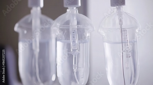 Close up of clear plastic intravenous saline solution bags with tubing in a medical setting
