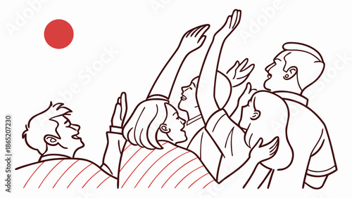 a red sun shines brightly over a crowd of people celebrating with raised hands silhouette