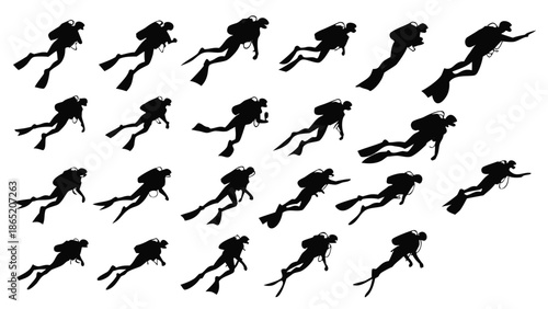 Multiple depictions of scuba divers in various swimming poses creating a dynamic and captivating silhouette
