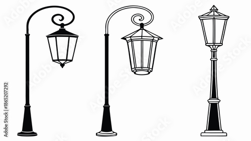 Three ornate vintage street lamps depicted in a minimalist black and white style silhouette high quality