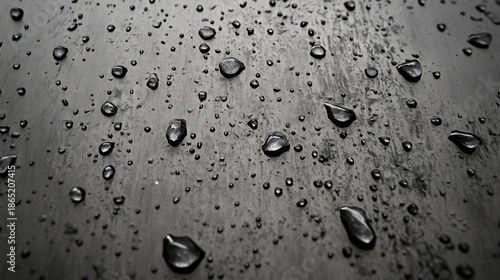 Close up of water droplets on a dark weathered metal surface