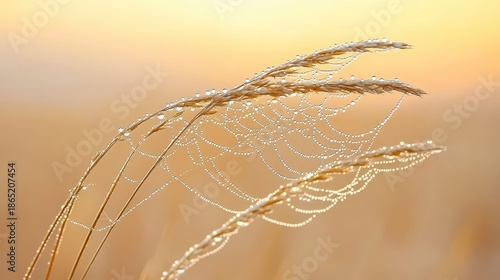 Glistening dewdrops clinging to delicate spiderwebs stretched across dry grass stalks in soft morning sunlight