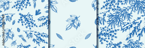 Blue Christmas and winter natural wooden patterns. Pine tree cone, fir branches and holly bush plant. Vintage looking hand drawn engraving set.