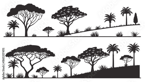 A scenic landscape featuring various trees and lush vegetation depicted in a striking black silhouette