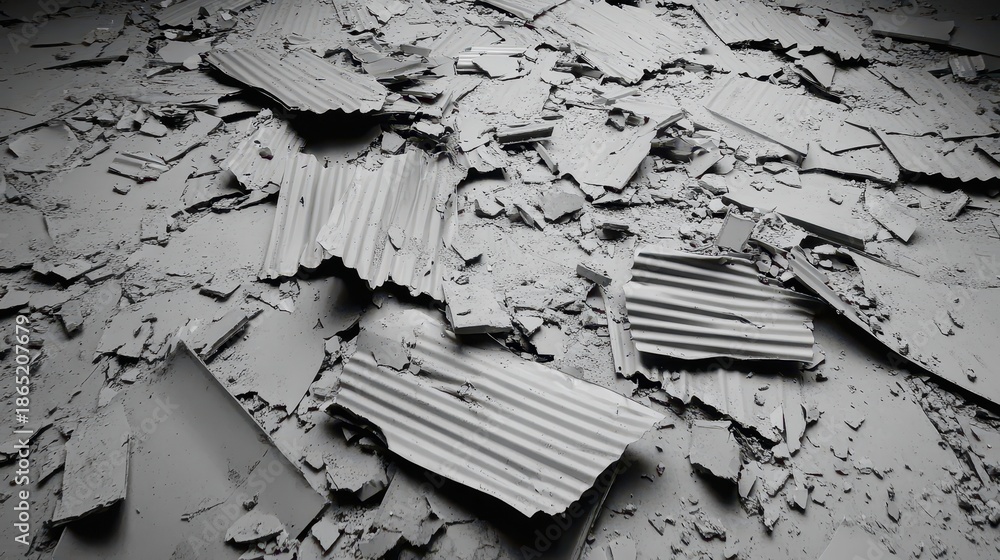 Fototapeta premium Crushed Corrugated Metal Sheet Debris Scattered on the Ground