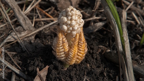 Unusual cluster mushroom emerging from rich dark soil with textured growth