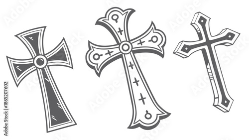 ornate christian crosses depicted in a detailed black and white illustrative style silhouette high quality professional