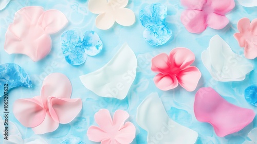 Various colorful edible sugar flower decorations scattered across a textured blue background