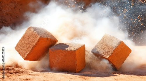 Crumbled adobe bricks disintegrating into fine dust scattering across the ground