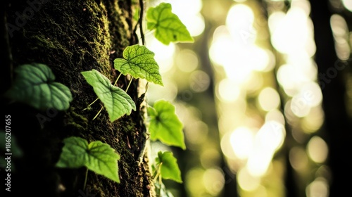 Green leaves climbing up a textured tree trunk in a sunlit forest with soft bokeh background
