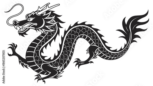 An intricate black and white depiction of a traditional chinese dragon design with detailed scales a silhouette