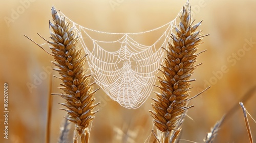 Delicate spiderweb covered in morning dew suspended between two golden wheat stalks in a sunlit field