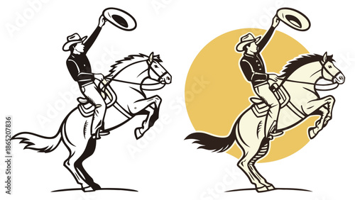 Two depictions of a cowboy on a rearing horse one in color and one as a stark silhouette