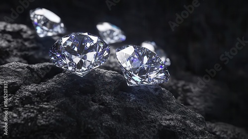 Cluster of rough unpolished diamonds scattered across dark rocky surface