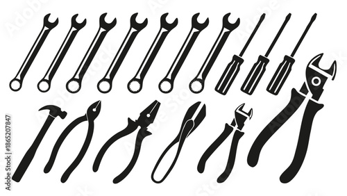 an assortment of black and white tool silhouettes including wrenches pliers screwdrivers and a hammer silhouette